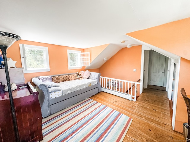 101 Child Hill Rd, Woodstock, CT 06281 - bedroom featuring a baseboard radiator, hardwood / wood-style floors, and vaulted ceiling