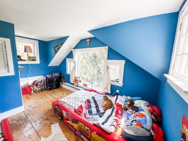 101 Child Hill Rd, Woodstock, CT 06281 - bedroom with hardwood / wood-style floors, a baseboard radiator, and lofted ceiling