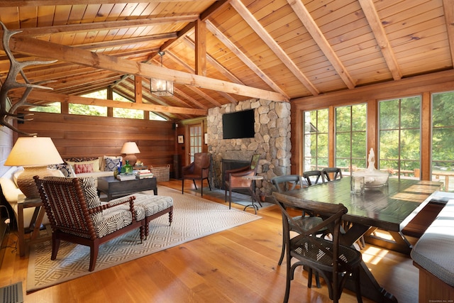 20 Kirk Rd, Sharon, CT 06796 - dining space featuring wood ceiling, wood finished floors, a fireplace, and wooden walls