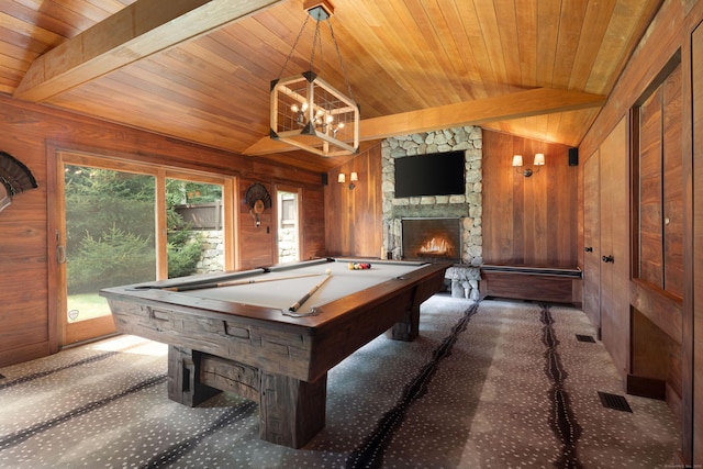 20 Kirk Rd, Sharon, CT 06796 - recreation room with wood ceiling, wooden walls, carpet floors, a chandelier, and a fireplace