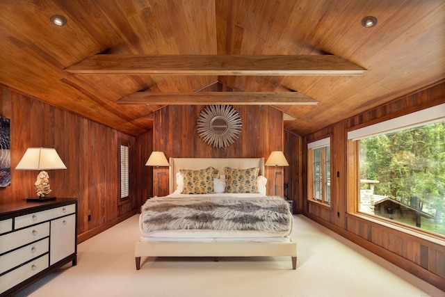 20 Kirk Rd, Sharon, CT 06796 - carpeted bedroom featuring wood ceiling and wood walls