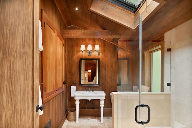20 Kirk Rd, Sharon, CT 06796 - full bath with a stall shower, a skylight, vaulted ceiling, and wooden walls