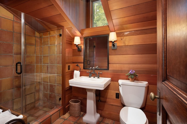 20 Kirk Rd, Sharon, CT 06796 - bathroom featuring wooden walls, a stall shower, toilet, tile patterned floors, and wood ceiling