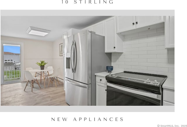 10 Stirling Ct, Middletown, CT 06457 - kitchen with appliances with stainless steel finishes, tasteful backsplash, light countertops, white cabinets, and light wood-style floors