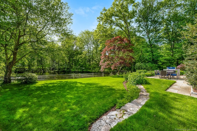 view of yard featuring a patio and a water view