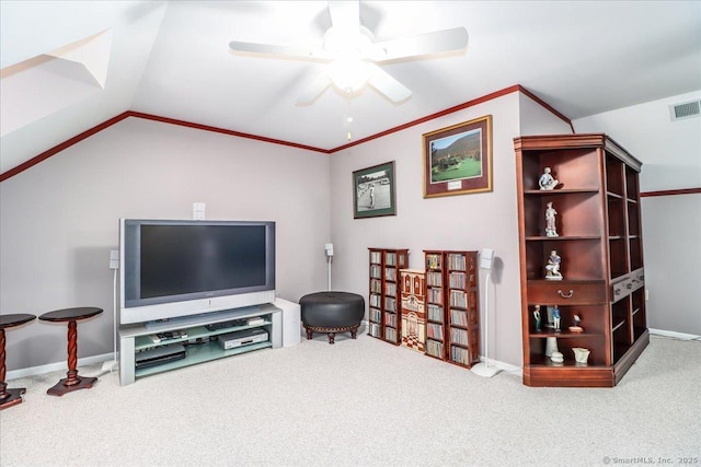 living room with carpet floors, a ceiling fan, and lofted ceiling