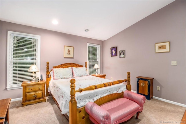 bedroom featuring baseboards, carpet, lofted ceiling, and recessed lighting