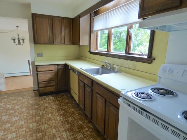 992 Ridge Rd, Wethersfield, CT 06109 - kitchen featuring white electric stove, a sink, under cabinet range hood, dishwasher, and a chandelier