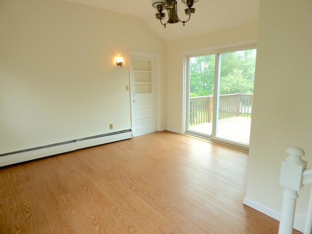 992 Ridge Rd, Wethersfield, CT 06109 - empty room featuring a chandelier, a baseboard radiator, vaulted ceiling, light wood-type flooring, and baseboards