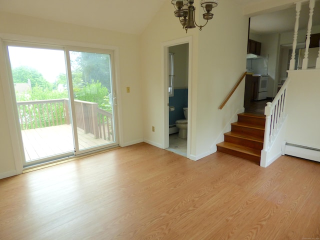 992 Ridge Rd, Wethersfield, CT 06109 - unfurnished room with a chandelier, stairway, vaulted ceiling, light wood-type flooring, and baseboards