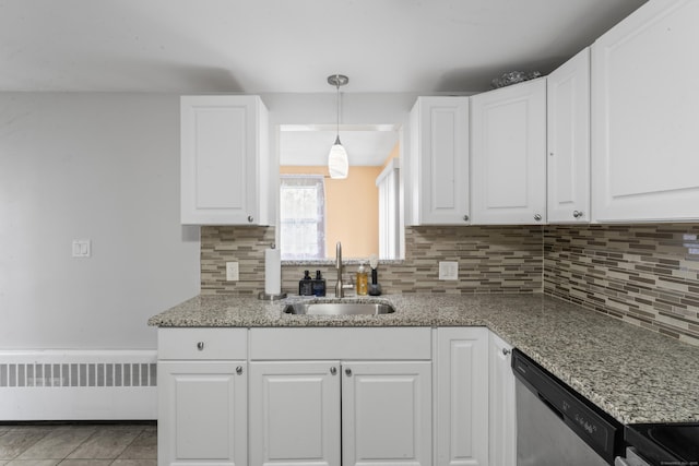 315 Prospect St, Wethersfield, CT 06109 - kitchen with a sink, radiator heating unit, dishwasher, white cabinets, and light stone counters