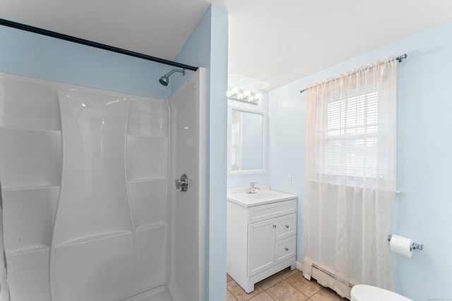 315 Prospect St, Wethersfield, CT 06109 - full bathroom featuring baseboard heating, tile patterned flooring, a shower, and vanity
