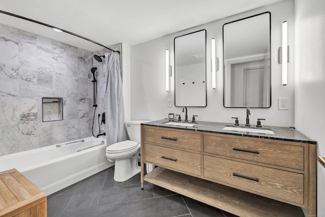 42 Temple Ct Unit 42, New Haven, CT 06511 - full bathroom with toilet, shower / bath combo with shower curtain, double vanity, and tile patterned flooring