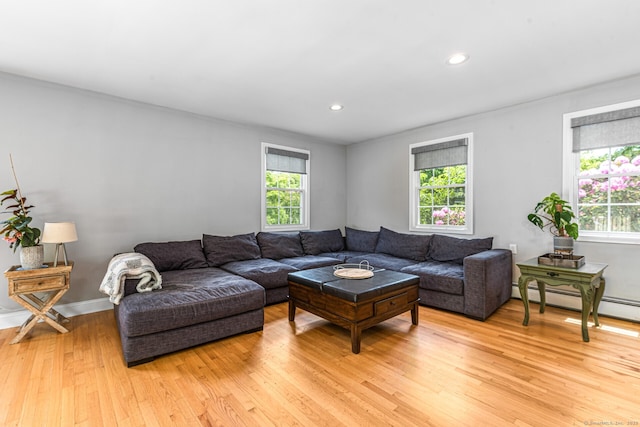 57 Harvard Ct, Middletown, CT 06457 - living area featuring healthy amount of natural light, light wood finished floors, recessed lighting, a baseboard radiator, and baseboards