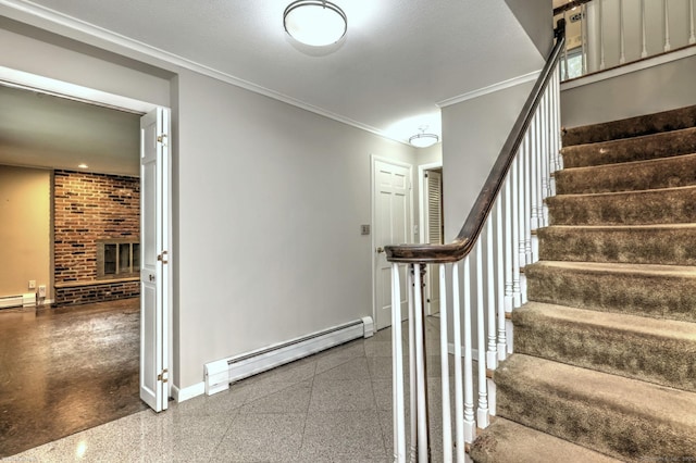 145 Casmir Dr, Fairfield, CT 06825 - staircase featuring baseboard heating, baseboards, ornamental molding, a brick fireplace, and granite tiled floors