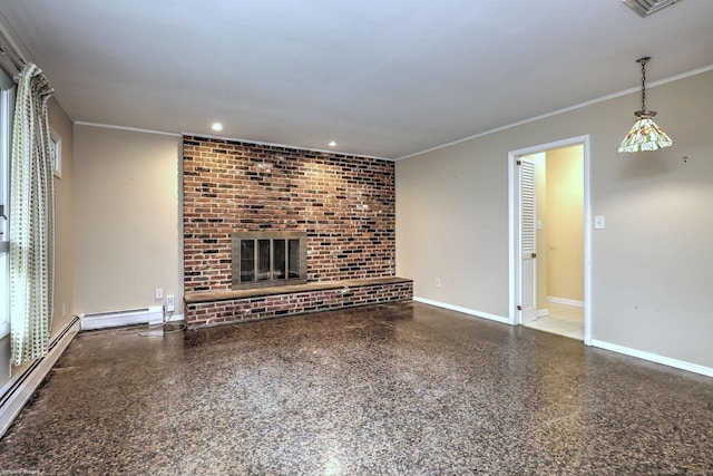 145 Casmir Dr, Fairfield, CT 06825 - unfurnished living room featuring speckle patterned floor, baseboards, a brick fireplace, crown molding, and a baseboard radiator