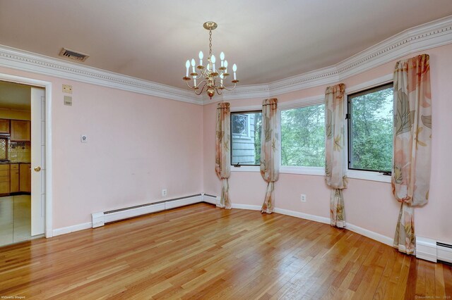 145 Casmir Dr, Fairfield, CT 06825 - unfurnished room with a baseboard radiator, light wood finished floors, a chandelier, baseboards, and ornamental molding