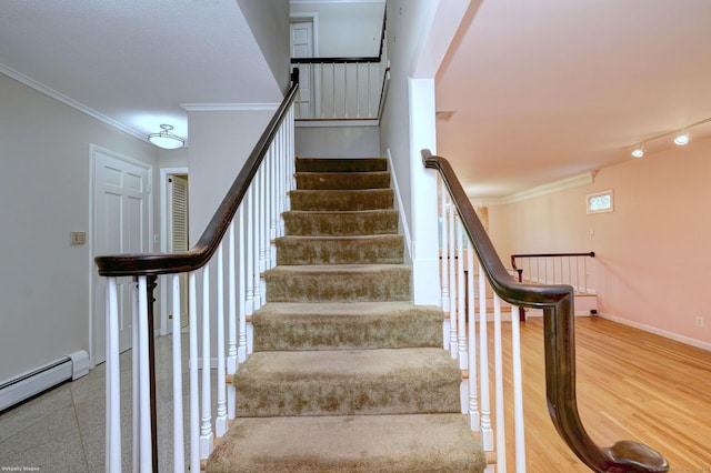 145 Casmir Dr, Fairfield, CT 06825 - stairway featuring crown molding, a baseboard heating unit, and baseboards