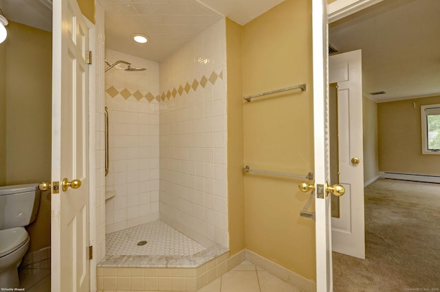 145 Casmir Dr, Fairfield, CT 06825 - bathroom with toilet, tiled shower, baseboard heating, baseboards, and recessed lighting