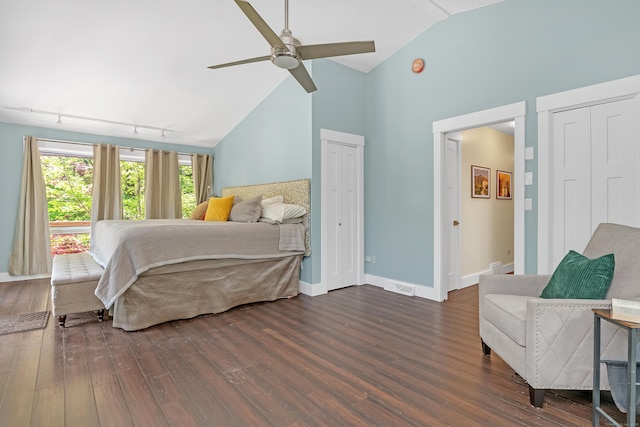 97 W Rd, Marlborough, CT 06447 - bedroom featuring dark wood-style floors, high vaulted ceiling, baseboards, ceiling fan, and multiple closets