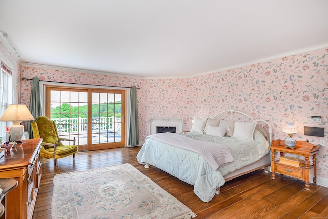 49 Great Ring Rd, Newtown, CT 06482 - bedroom featuring wallpapered walls, dark wood-type flooring, access to outside, crown molding, and multiple windows
