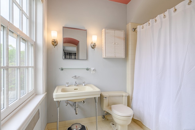 49 Great Ring Rd, Newtown, CT 06482 - full bath featuring a shower with curtain, radiator heating unit, and tile patterned flooring