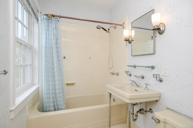 49 Great Ring Rd, Newtown, CT 06482 - bathroom featuring shower / tub combo and wallpapered walls