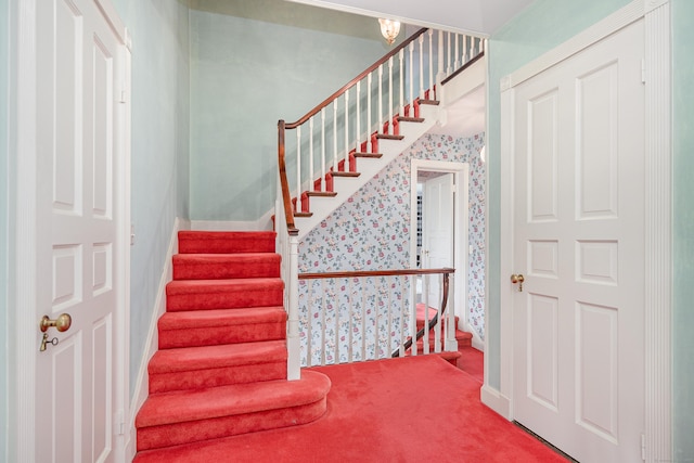 49 Great Ring Rd, Newtown, CT 06482 - stairway featuring carpet floors and wallpapered walls