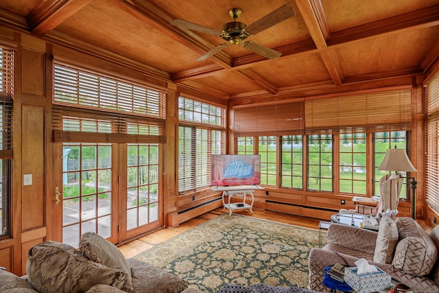 49 Great Ring Rd, Newtown, CT 06482 - living area with a wood ceiling with exposed beams, a baseboard radiator, wood finished floors, coffered ceiling, and a ceiling fan