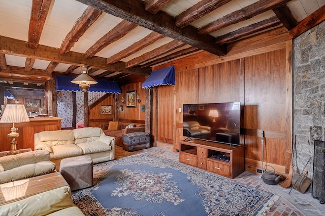 49 Great Ring Rd, Newtown, CT 06482 - living room featuring brick floors, beam ceiling, and wooden walls
