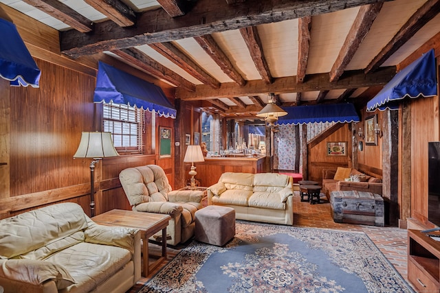 49 Great Ring Rd, Newtown, CT 06482 - living room featuring wooden walls, beamed ceiling, and brick patterned floors