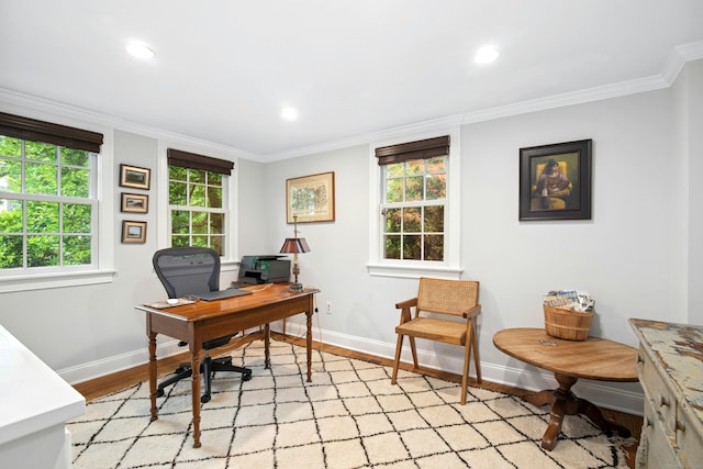 135 Limekiln Rd, Redding, CT 06896 - office area with baseboards, light wood finished floors, crown molding, plenty of natural light, and recessed lighting