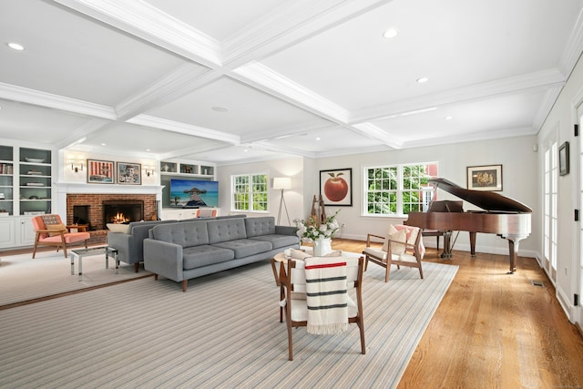 135 Limekiln Rd, Redding, CT 06896 - living area featuring beamed ceiling, a brick fireplace, plenty of natural light, recessed lighting, and baseboards