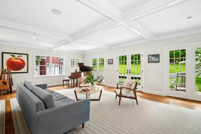 135 Limekiln Rd, Redding, CT 06896 - living area with light wood-style floors, coffered ceiling, beamed ceiling, french doors, and baseboards