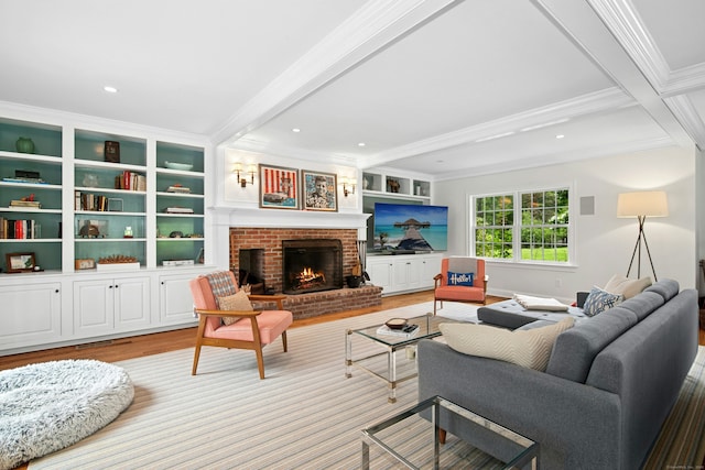 135 Limekiln Rd, Redding, CT 06896 - living area featuring wood finished floors, a brick fireplace, beam ceiling, crown molding, and recessed lighting