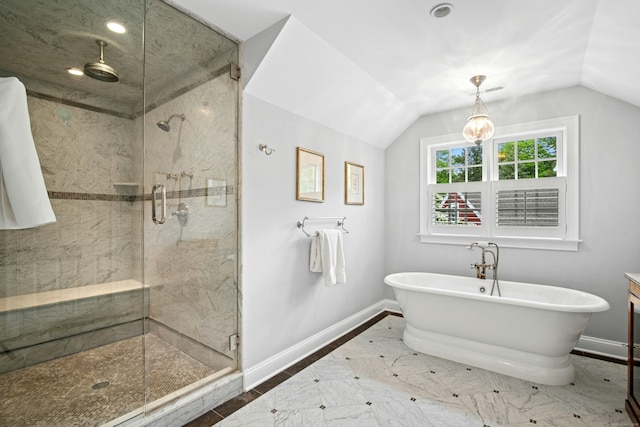 135 Limekiln Rd, Redding, CT 06896 - bathroom with a shower stall, a freestanding bath, baseboards, and lofted ceiling