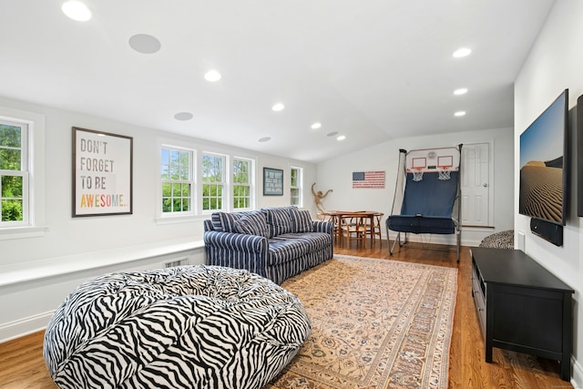 135 Limekiln Rd, Redding, CT 06896 - living room featuring wood finished floors, vaulted ceiling, and recessed lighting