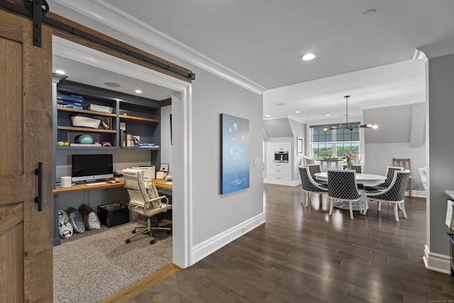 66 High St Unit 40, Guilford, CT 06437 - office space with baseboards, crown molding, wood finished floors, a barn door, and recessed lighting