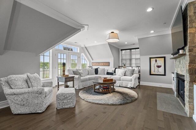 66 High St Unit 40, Guilford, CT 06437 - living area with a fireplace, dark wood-style floors, baseboards, french doors, and crown molding