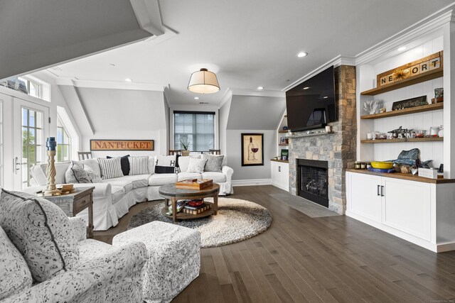 66 High St Unit 40, Guilford, CT 06437 - living area featuring crown molding, baseboards, a fireplace, dark wood finished floors, and recessed lighting