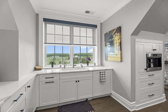 66 High St Unit 40, Guilford, CT 06437 - kitchen featuring a sink, ornamental molding, dark wood finished floors, white cabinets, and baseboards