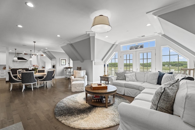 66 High St Unit 40, Guilford, CT 06437 - living area featuring healthy amount of natural light, vaulted ceiling, dark wood-style floors, baseboards, and recessed lighting