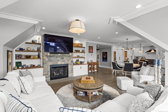 66 High St Unit 40, Guilford, CT 06437 - living room with a fireplace, ornamental molding, wood finished floors, recessed lighting, and baseboards