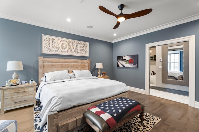 66 High St Unit 40, Guilford, CT 06437 - bedroom featuring baseboards, crown molding, wood finished floors, a ceiling fan, and recessed lighting