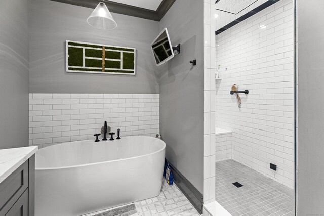 66 High St Unit 40, Guilford, CT 06437 - full bathroom featuring a freestanding bath, vanity, a stall shower, pet washing station, and tile walls