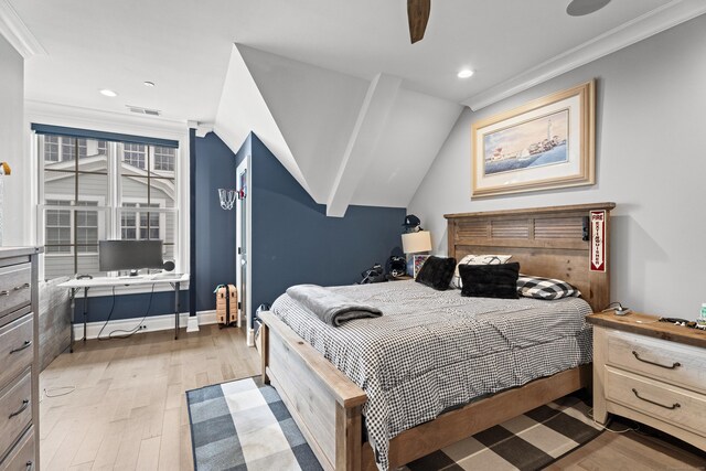 66 High St Unit 40, Guilford, CT 06437 - bedroom featuring light wood-style floors, recessed lighting, ceiling fan, and ornamental molding