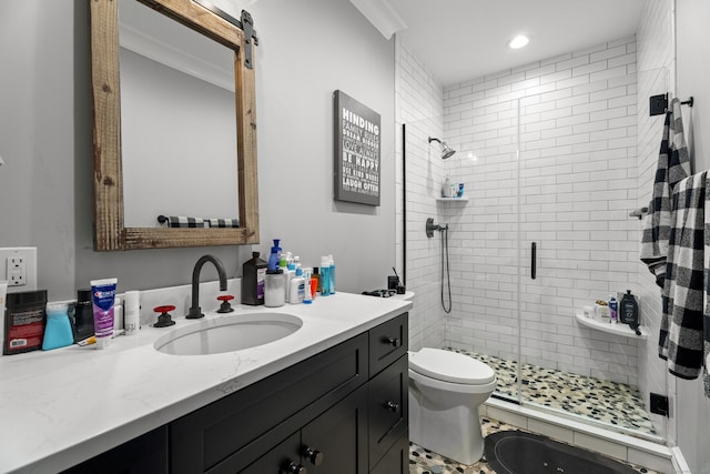 66 High St Unit 40, Guilford, CT 06437 - bathroom with vanity, a stall shower, toilet, and recessed lighting