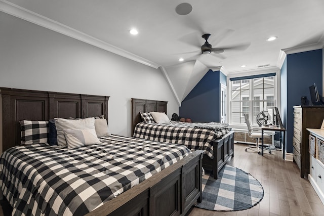 66 High St Unit 40, Guilford, CT 06437 - bedroom with light wood-type flooring, recessed lighting, ornamental molding, ceiling fan, and baseboards
