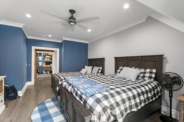 66 High St Unit 40, Guilford, CT 06437 - bedroom featuring light wood-type flooring, baseboards, recessed lighting, crown molding, and ceiling fan