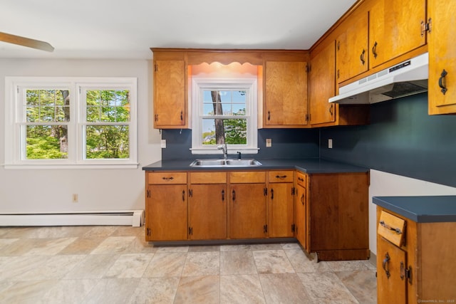 kitchen with under cabinet range hood, a sink, baseboard heating, and brown cabinetry